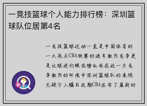 一竞技篮球个人能力排行榜：深圳篮球队位居第4名