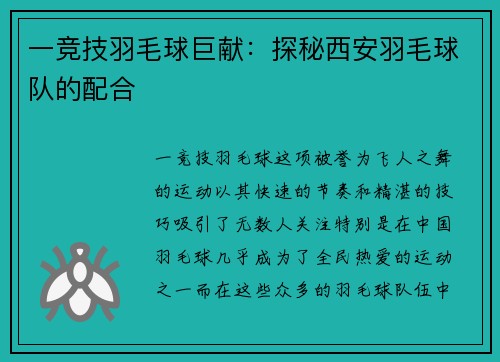 一竞技羽毛球巨献：探秘西安羽毛球队的配合