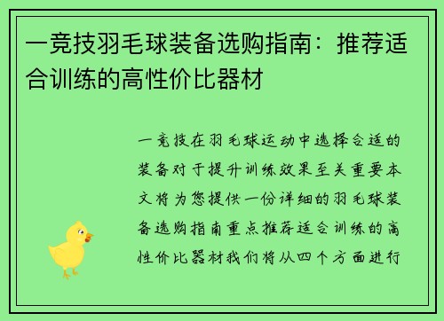一竞技羽毛球装备选购指南：推荐适合训练的高性价比器材